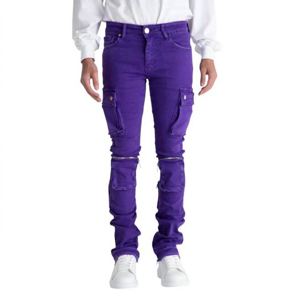 NEW PHEELINGS men's never look back cargo flare stack denim jean in purple